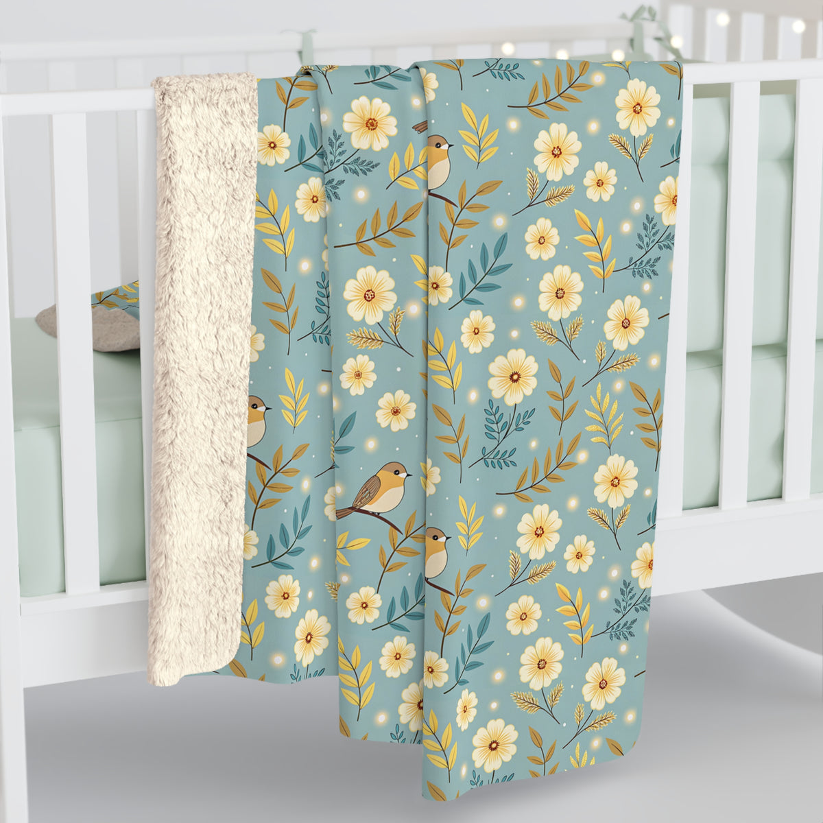 Floral Daisy Sherpa Blanket – Cozy Blue Fleece Throw with Vintage Flowers
