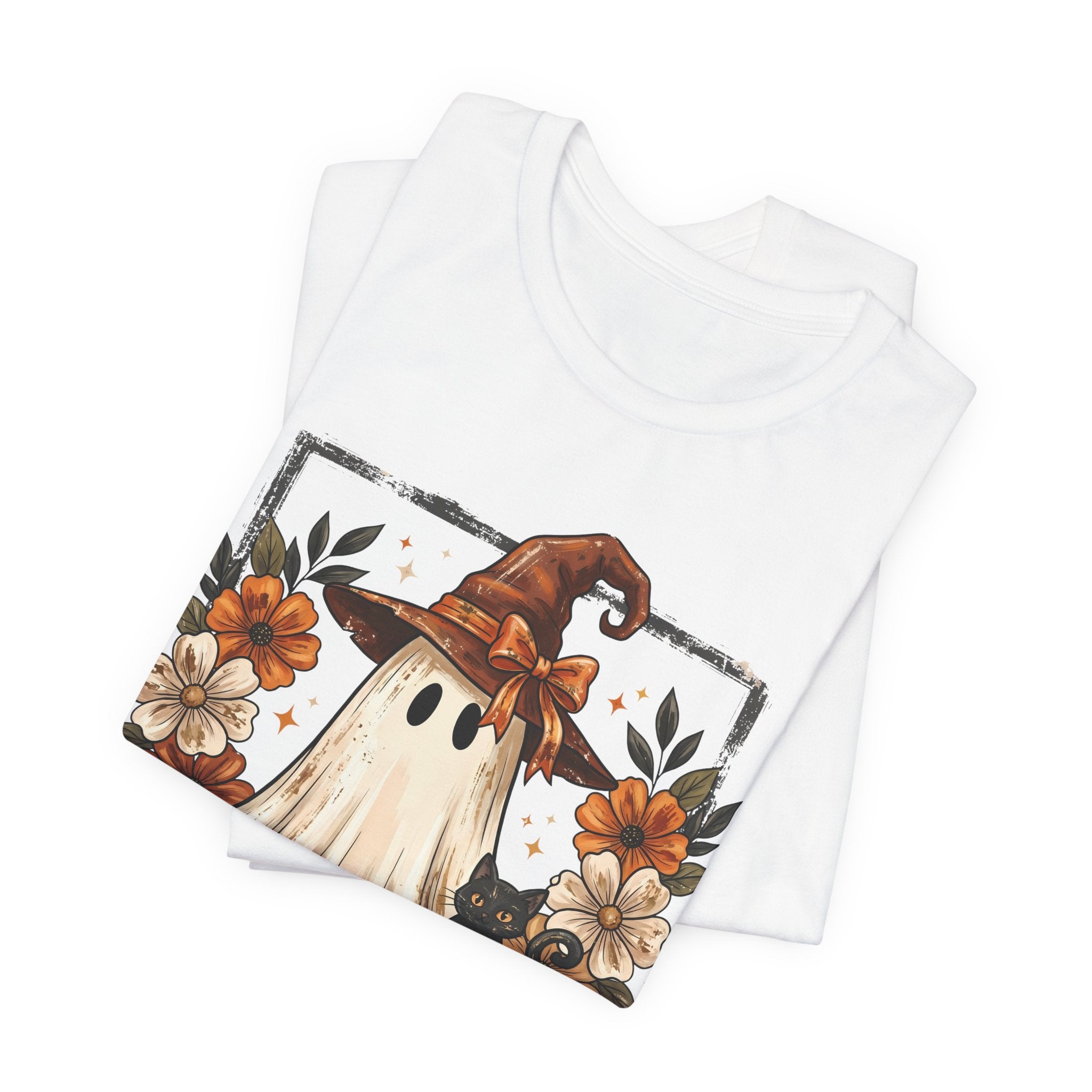 Cute Halloween Ghost T‑Shirt — Pumpkin & Witch Hat Autumn Tee