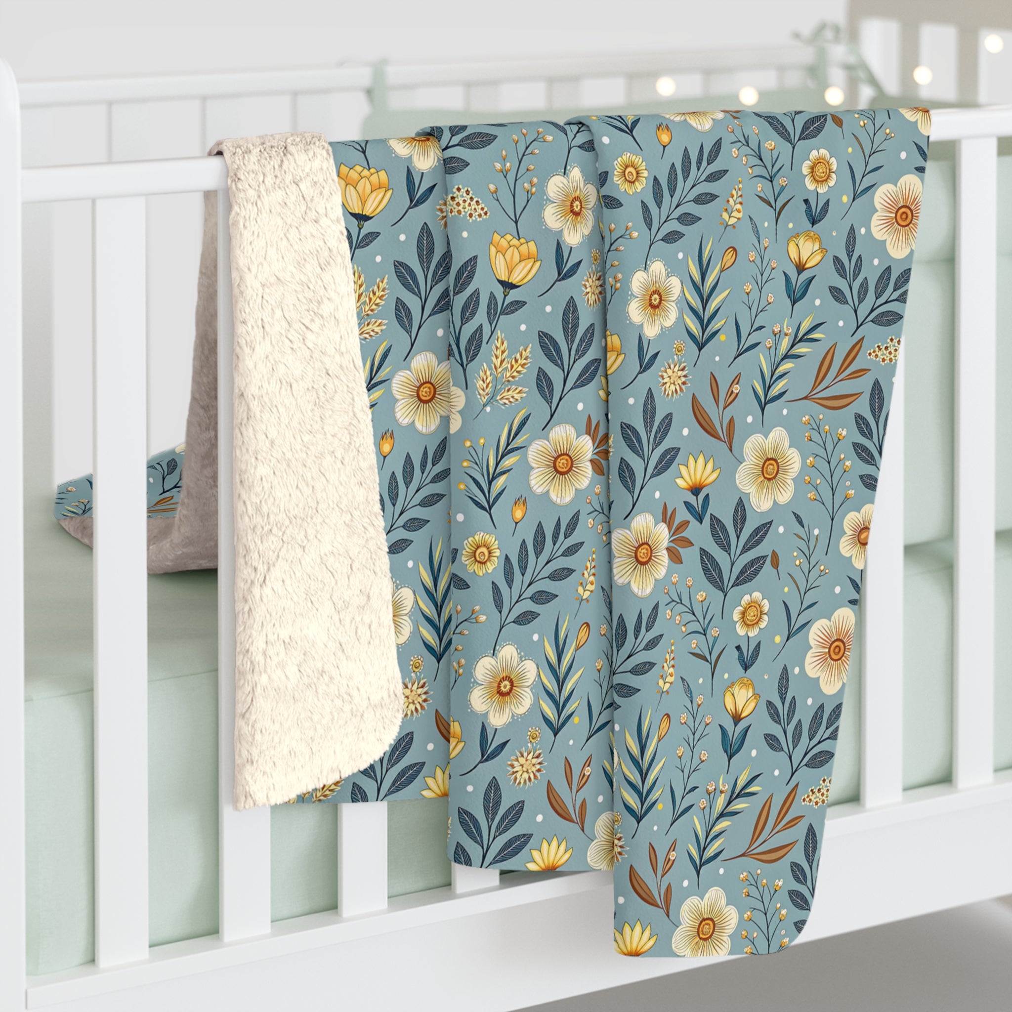 Floral Daisy Sherpa Blanket – Cozy Blue Wildflower Throw