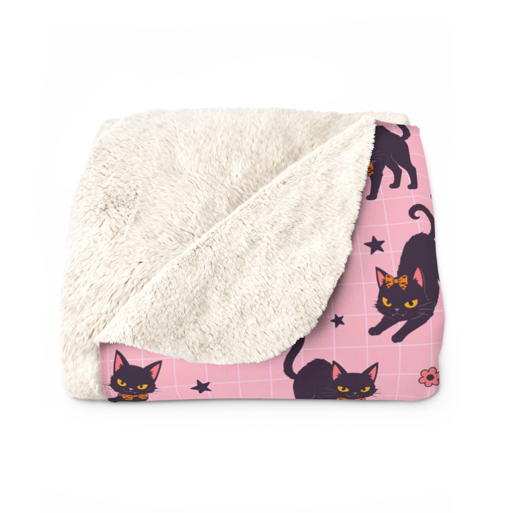 Pink Halloween Black Cat Sherpa Blanket — Cute Spooky Cozy Throw