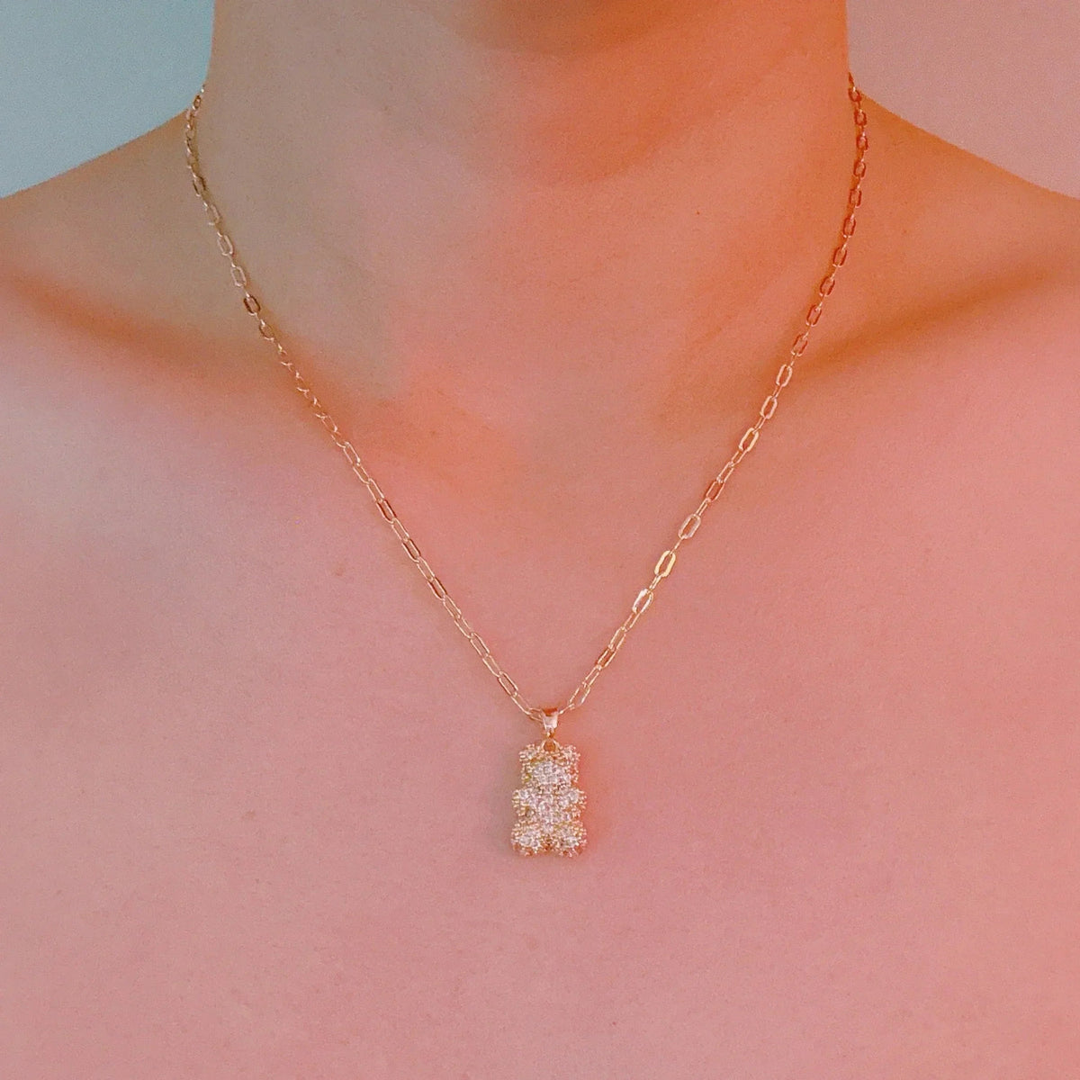 Bling Bear Pendant Necklace - Paved Teddy Bear Pendant