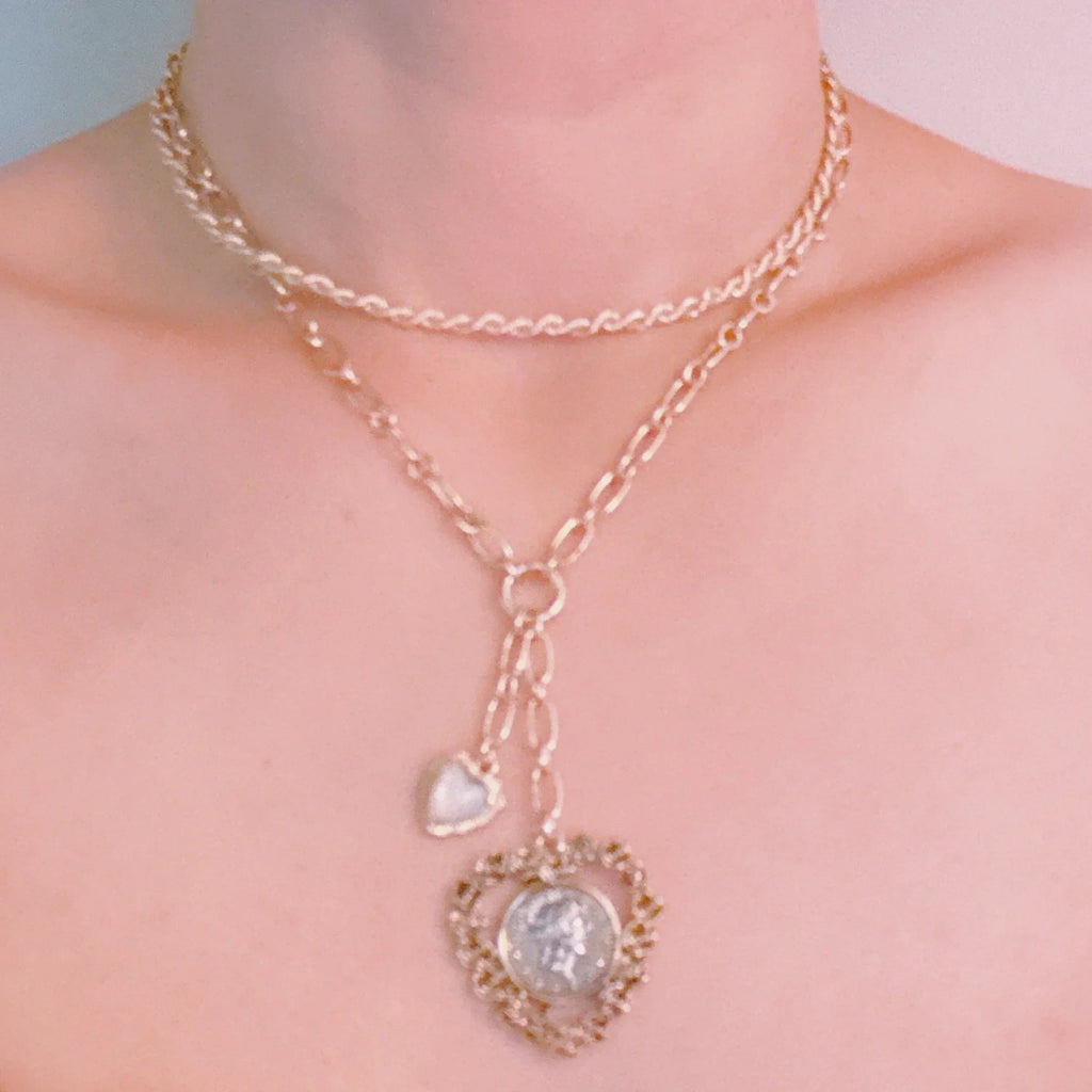 Double Chain Heart Pendant Necklace – Layered Gold Links with