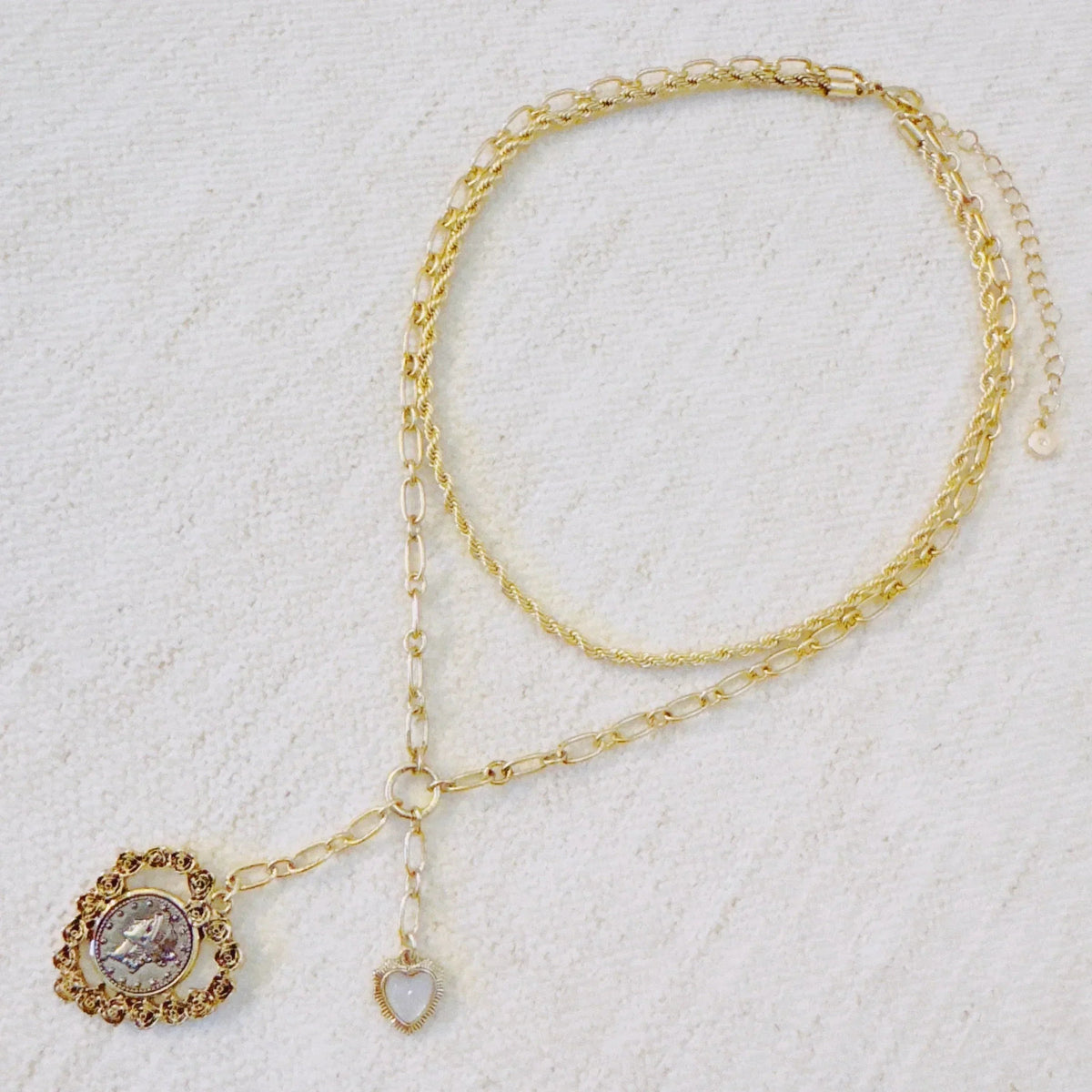 Double Chain Heart Pendant Necklace – Layered Gold Links with