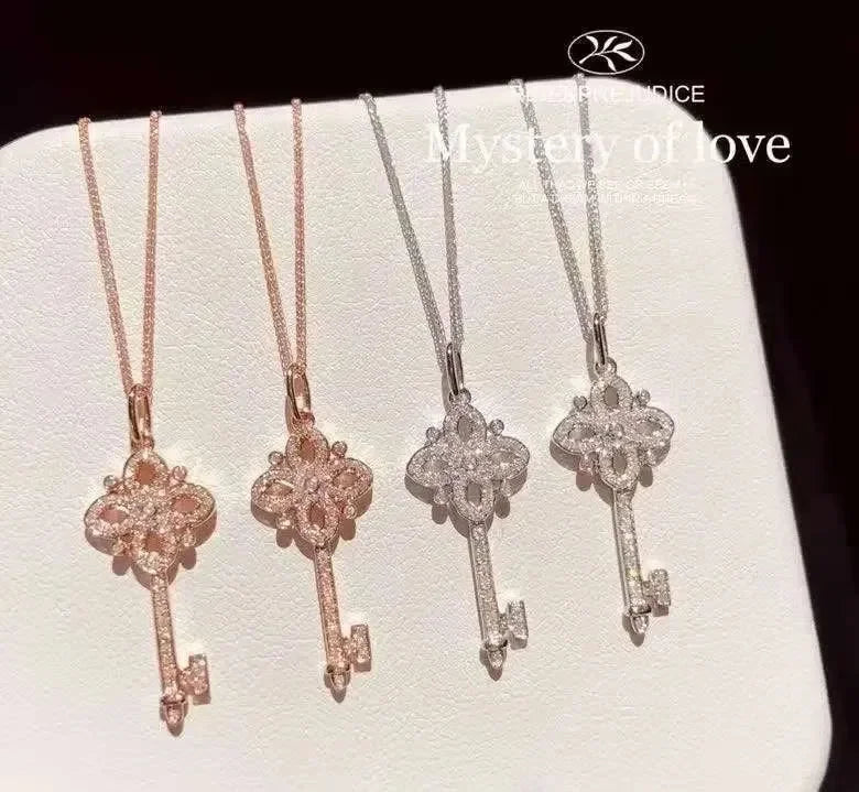 925 Sterling Silver Pave Crystal Vintage Key Pendant 14k Gold Plating Necklace Women Light Luxury Temperament Dress Jewelry