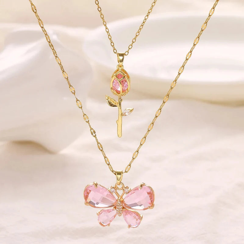 Enchanting Butterfly Rose Necklace
