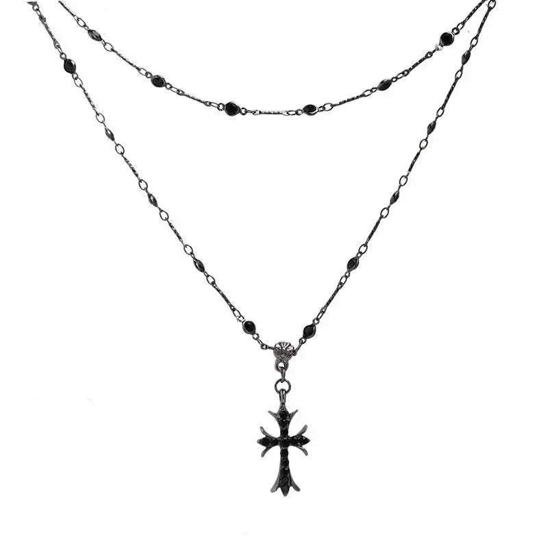 Summer Black Rhinestone Cross Jesus Pendant Choker Necklace for Women Punk Vintage Double Layers Chain 2024 Neck Boho Jewelry